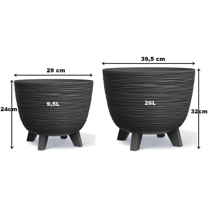 Квітчанка BirnePower Furu Ø 39,5 см, антрацит, 26 л – круглий горщик для квітів з ніжками, пластик, для дому та саду