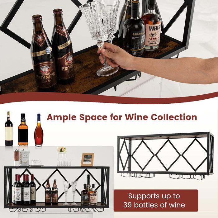 Стильна полиця для вина Komfotteu на стіну з металевим каркасом, з тримачем для келихів, 100 x 25 x 45 см