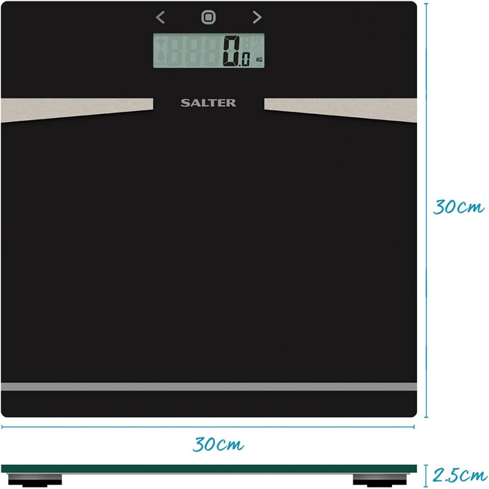 Скляні ваги для ванної кімнати Salter 9121 BK3R, місткість 180 кг, вимірює вагу, жир/воду та ІМТ, пам'ять 12 користувачів, плоска платформа, зручний для читання РК-дисплей, режим спортсмена, чорний
