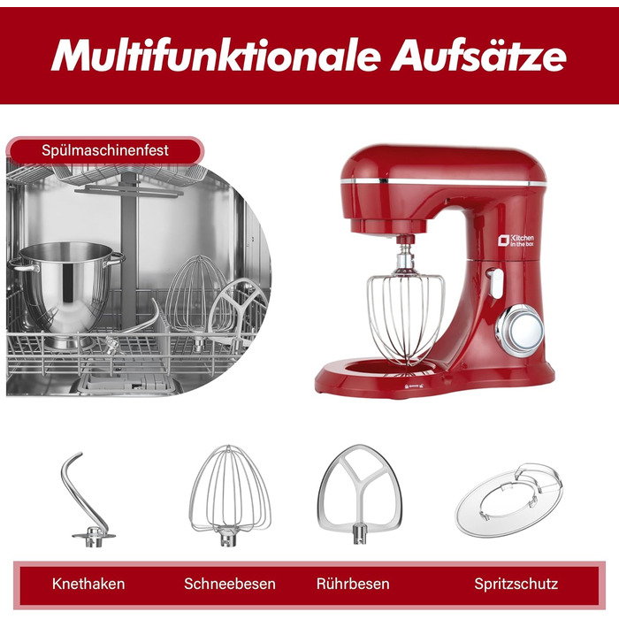 Кухонна машина Kitchen in the box 6L з 2 чашами по 3.5L, 10 швидкостей, з гаками для тіста, вінчиками та вінчиком для збивання (червона)