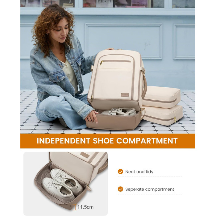 LOVEVOOK Рюкзак для ручної поклажі з окремим відділенням для взуття, 40L рюкзак для жінок, великий, з відділенням для мокрого та сухого, Travel Backpack, Carry On Luggage для подорожей (Бежевий, Хакі, 50L)