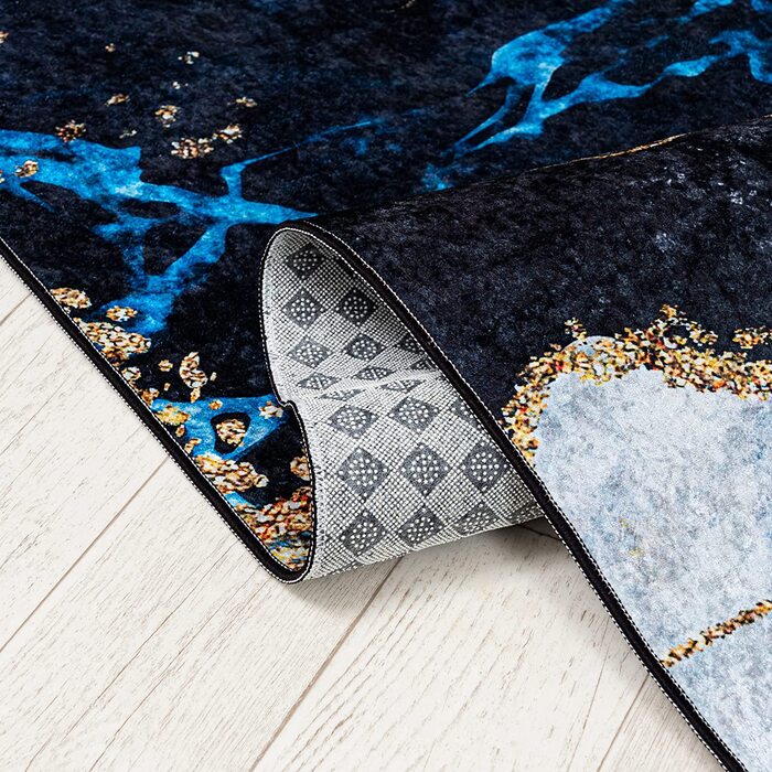 Сучасний Мазовецький килим-миється килим з коротким ворсом-М'який килим для вітальні, спальні , їдальні-килими з мармуровим абстрактним малюнком-чорний сірий золотий (160 х 230 см, синьо-сірий золотий / 37050)