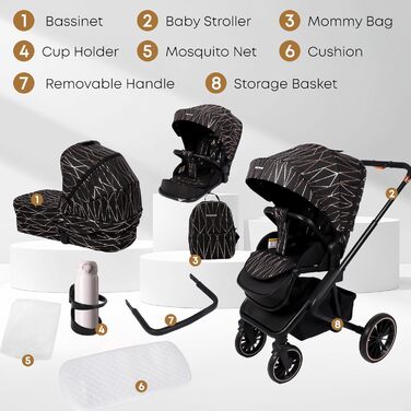 Дитяча коляска 2-в-1 BabyVoyage з люлькою та прогулянковим блоком, поворотні колеса 360°, амортизація, регульована ручка, складана, аксесуари, колір зелений (чорний-золотий)