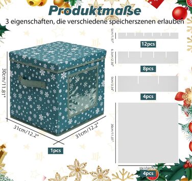 Коробка для зберігання новорічних прикрас, 166 відділень, з регульованими перегородками, кришкою та ручками, 31x31x30 см, червона, принт сніжинки, білий фон