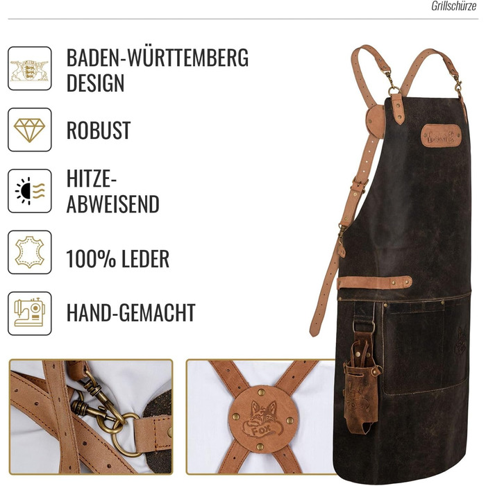 Фартух з натуральної шкіри буйвола, чорний: для гриля, барбекю, приготування їжі та кухні. Вінтажний стиль.