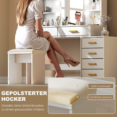 Туалетний столик з підсвічуваним дзеркалом та м'яким пуфом, туалетний столик з 6 висувними ящиками та полицями, білий