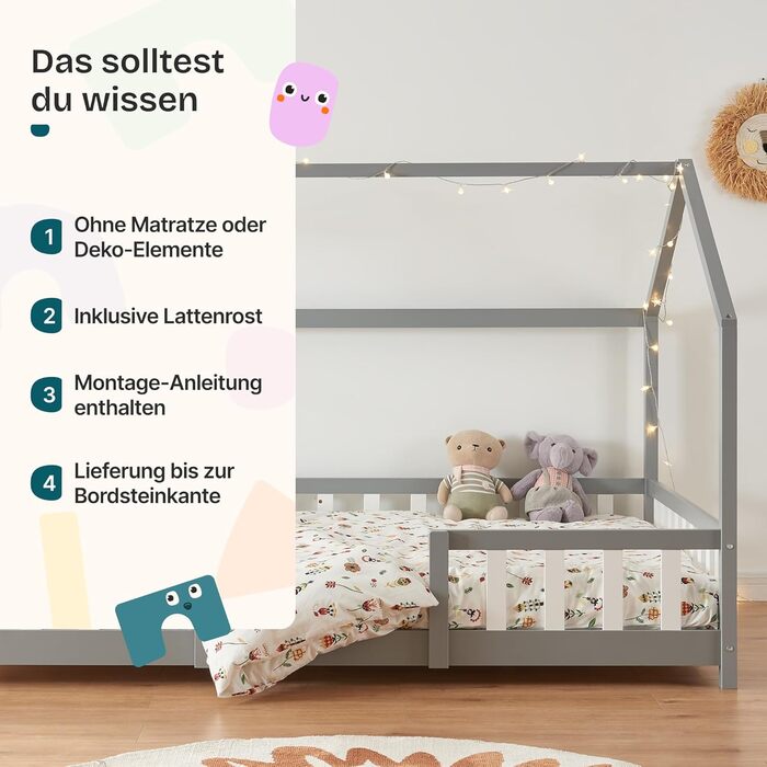 Дитяче ліжко Sisimiut Montessori від en.casa з бортиками, 120x200 см, світло-сірий/білий, з ламелями