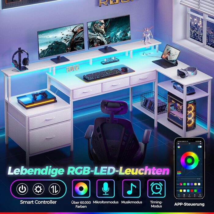 Кутовий стіл Seventable L-подібної форми з LED-підсвічуванням, підставкою для монітора та висувними ящиками, білий. Ідеально підходить для спальні, офісу або вітальні.