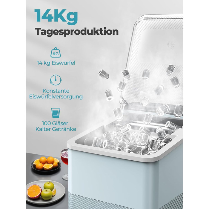 Льодогенератор Fohere портативний самоочисний 14 кг/24год, 2 розміри льоду, блакитний для дому, бару, офісу, кемпінгу зі шкребком та кошиком
