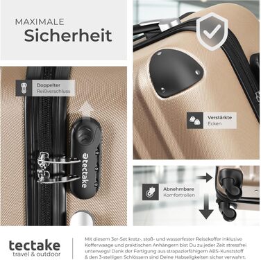 Набір валіз Tectake (M-L-XL) з ваговою та бізнес-ідентифікатором, ABS, телескопічний ручка, коліщата, набір валіз для подорожей, колір шампань