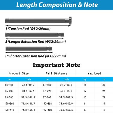 Висувна штанга для душу з нержавіючої сталі, без свердління, 85-265 см, для ванної кімнати, ванни, душу, дверей (срібляста)