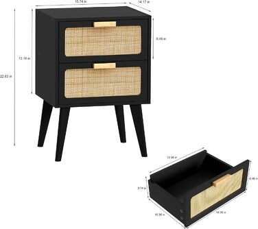 Журнальний столик з ротангу, чорний колір, з 2 висувними ящиками, стиль бохо, для вітальні та спальні