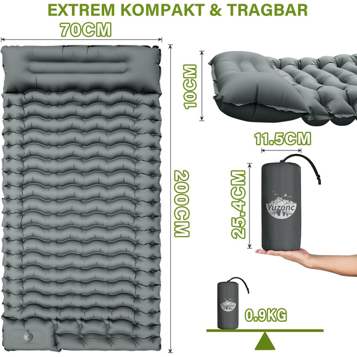 Надувний кемпінговий килимок Yuzonc Isomatte з вбудованим насосом та подушкою, компактний легкий матрац для походу та пляжу (Сірий)
