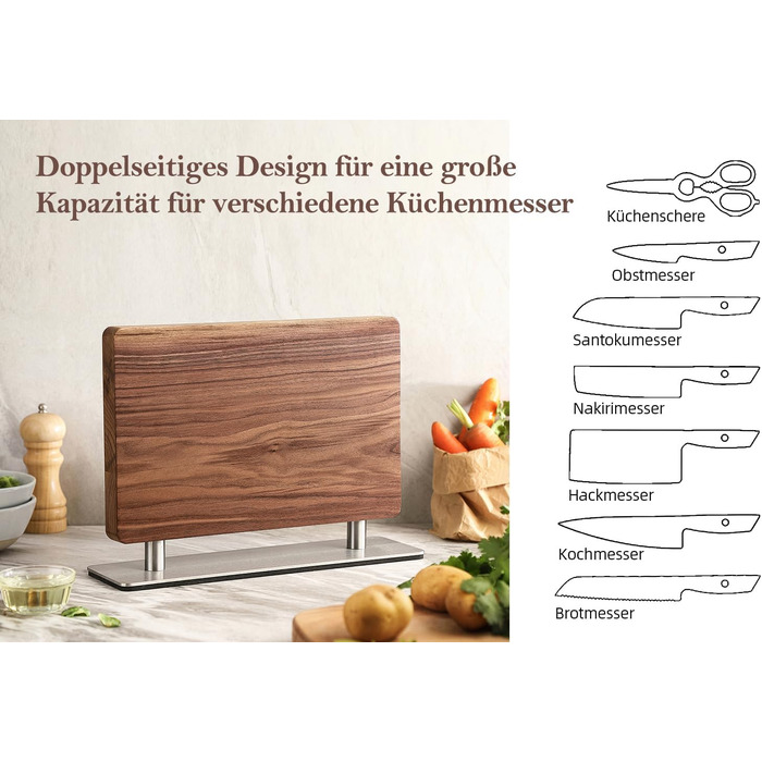 Блок для ножів XINZUO з волоського горіха, магнітний, двосторонній - тримач для ножів без ножів, для кухні, легко миється, з подарунковою коробкою