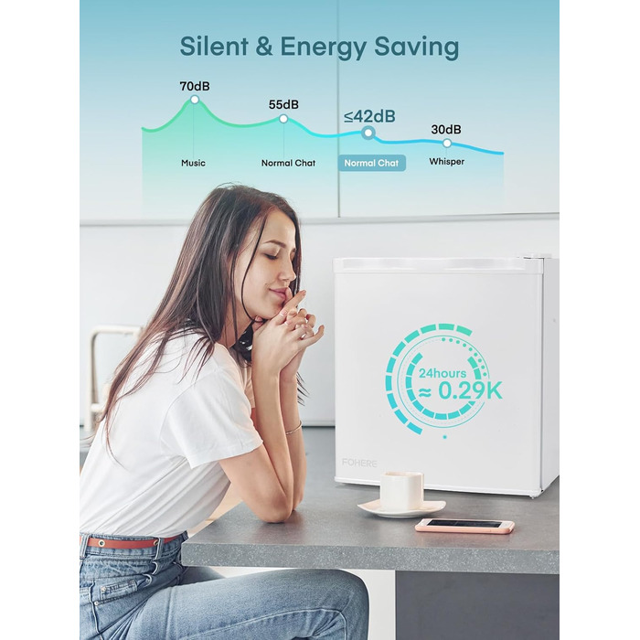 Міні-холодильник FOHERE 46L з відділенням для льоду | Компактний холодильник з регулюванням температури, енергозберігаючий, тихий | Ідеальний для офісу, кемпінгу та геймінгу | Змінний бік відкривання дверцят | Білий
