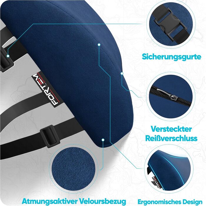 Пояснична подушка FORTEM для авто та офісного стільця, ортопедична підтримка спини з ефектом пам'яті (Memory Foam), дихаючий чохол, синій велюр