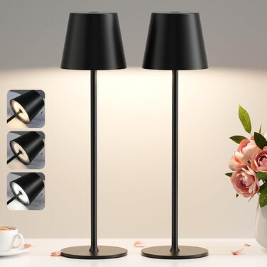 LED-лампа настільна акумуляторна бездротова, 2 шт. з регулюванням яскравості та 3 колірними температурами, сенсорне керування, зарядка USB-C, для дому, відпочинку та кемпінгу (чорний)