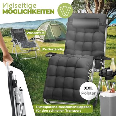 Розкішна шезлонг KESSER® для саду: складаний, стійкий до погодних умов, витримує 200 кг, з ергономічною подушкою, регульованою спинкою, підголівником та тримачем для напоїв (антрацит)