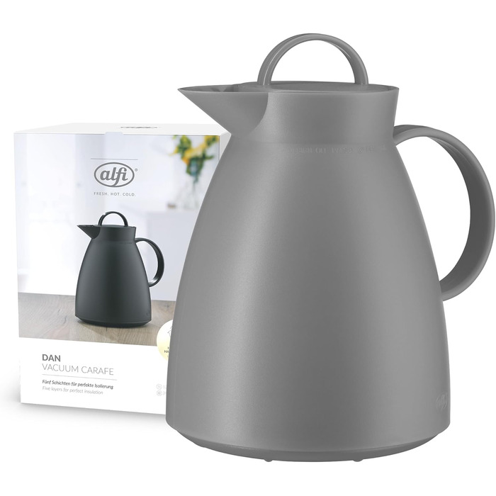 Термос Alfi DAN 1.0 л, пудрово-рожевий, з термоізоляційним корпусом з пластику та скляною вставкою, з кришкою-поворотом, дизайнерський, ідеальний для кави та чаю, BPA-free (без фільтра для чаю), Graphite Grey