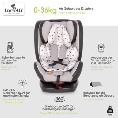 Автокрісло Lorelli Nebula, зростаюче автокрісло з Isofix - група 0/1/2/3 (0-36 кг), дитяче крісло, регульований підголівник у 8 положеннях, поворот на 360 градусів, 5-точковий ремінь безпеки, сірий