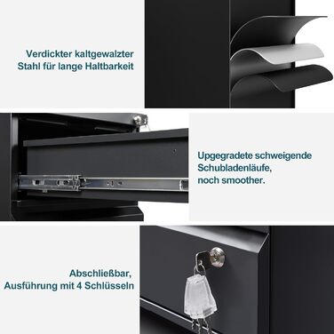 Роликовий контейнер LVSTEEL з замком, офісний шафка з металу, шафка для документів під стіл, 3 висувні ящики, збірно-розбірний, білий (чорний), 56x37x56 см