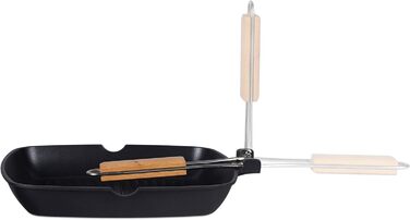 Сковорода для барбекю Relaxdays зі знімною дерев'яною ручкою, з антипригарним покриттям, алюмінієва, чорна, 5,5 x 51 x, з заглибленнями для барбекю