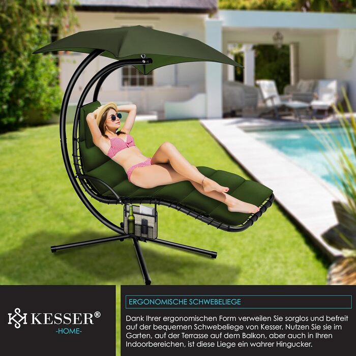 Кесер® Розкішна гамак-шезлонг з сонцезахисним козирком, 194x100 см, до 120 кг, з подушкою для шиї та сумкою (Хакі)
