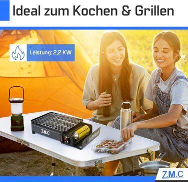 Z.M.C. 2-в-1 газовий набір для кемпінгу: плита та гриль з аксесуарами та кейсом. Газовий гриль та плита з пьезозапалюванням, 2.2kW, LPG-підключення