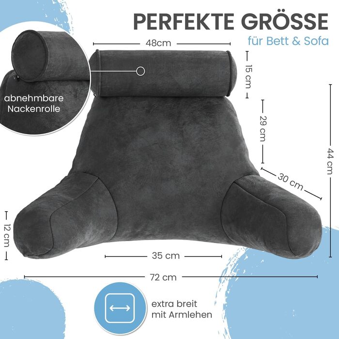 Подушка для спини ELONEO з підлокітниками – для ліжка та дивана. Зробить підтримку спини, голови та шиї більш комфортною (з роликом для шиї)