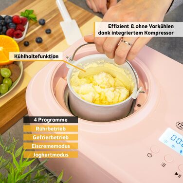 Електрична машина для приготування морозива TZS First Austria 1L з компресором 3 в 1 - для морозива, сорбету та замороженого йогурту, з мірним стаканом та лопаткою, рожева