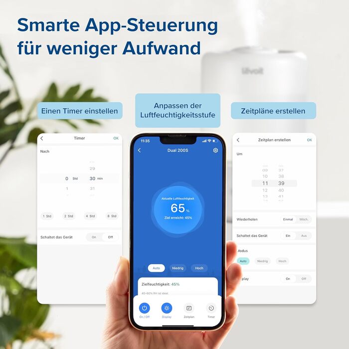 Зволожувач повітря Levoit Smart для спальні та дитячої кімнати, 3 л, кремовий. З сенсором вологості, тихий (20 дБ), з обертовою насадкою 360° для рослин.