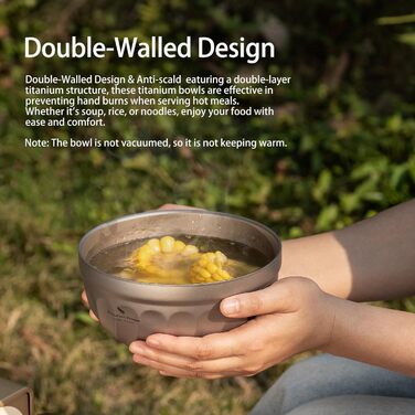 Титанові миски iBasingo з подвійними стінками 500мл та 800мл: для вівсянки, їжі, рису, супу. Легкі, портативні, металеві, для кемпінгу та подорожей