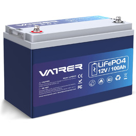 Літієва батарея VATRER POWER 12V 100AH Bluetooth LiFePO4 з 100A BMS, 5000 циклів, 1280 Вт, захист від низькотемпературного відключення, ідеально підходить для автофургонів, сонячних та автономних батарей (12V100Ah)