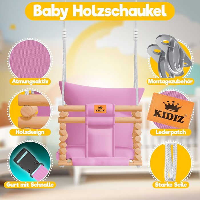 Дитяча гойдалка-колиска KIDIZ® для немовлят від 6 місяців та малюків до 3+ років (Рожева) - дерев'яна, з регулюванням висоти та м'яким сидінням для дому та вулиці