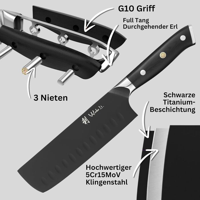 Набір кухонних ножів Wakoli Titanium Noir (5 предметів) з бруском - професійний набір ножів з титанового покриття, нержавіюча сталь, чорний, магнітний брусок, Nakiri