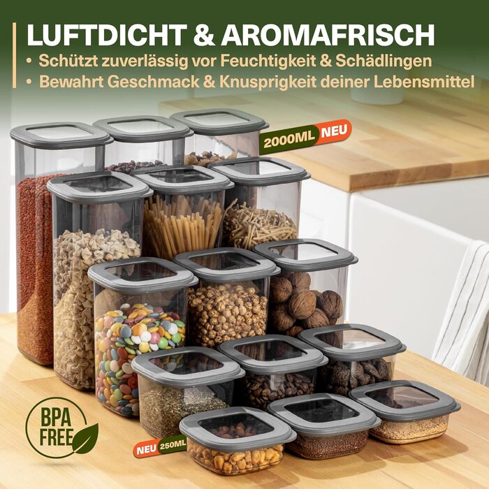 Набір контейнерів для зберігання продуктів 18 шт. – з контейнером для спагеті 2.0л, 6 баночок для спецій з дозатором, стійкі до утворення конденсату, BPA-free, 52 етикетки (12 шт) + 6 дозатори для спецій (набір 15 шт, сірий)