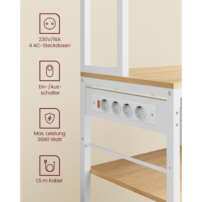 Полиця кухонна VASAGLE з розетками, підлогова, 40 x 100 x 180,4 см, полиця для випічки, регульовані полиці, тканинний ящик, 12 гачків, для кухні, антрацитово-чорний, KKS027B02