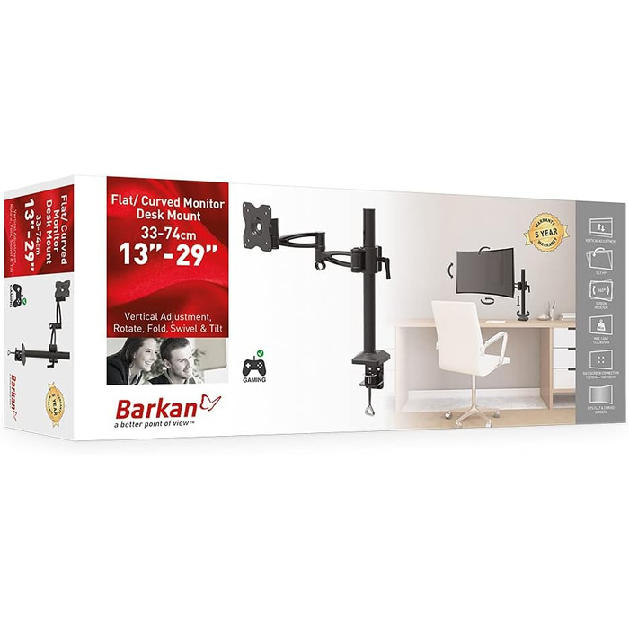 Кріплення для монітора Barkan 13-34 дюйми, регульоване, для столу, тримає до 6 кг (Basic, одноплечий)