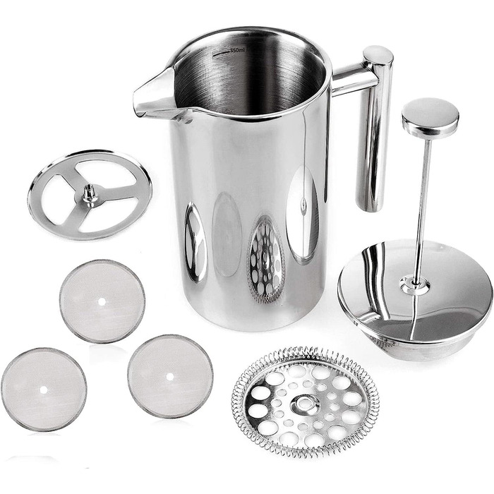 Френч-прес MaxMiuly для кави, 0,35 л, нержавіюча сталь, з подвійними стінками, 2 сита, сріблястий