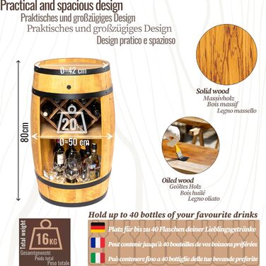 Дерев'яний бочонок-бар Fass від Creative Cooper: полиця для вина з LED підсвічуванням, 80x50 см, рустикальний дизайн, для дому