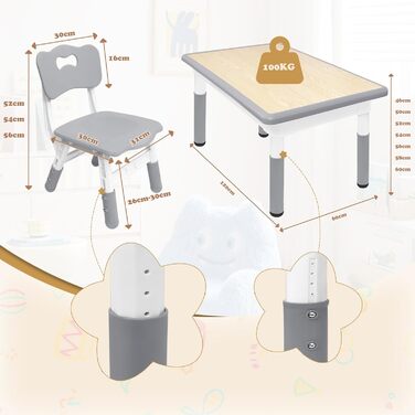 Дитячий стіл зі стільцями, дитяча група меблів, регульована висота, HDPE & ABS, багатофункціональний ігровий стіл для дітей 2-10 років, ергономічний набір столу та стільця для дитячої кімнати (120*60 см, сірий)