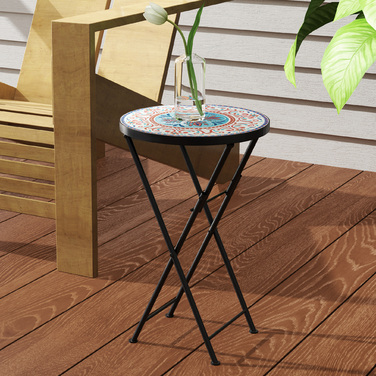 Outsunny Side Table Складаний садовий стіл з мозаїчним дизайном, Ø35.5 x 55 см Круглий атмосферостійкий металевий балконний стіл, Кемпінговий стіл Розкладний стіл Журнальний столик для вітальні, офіс, Відкритий Внутрішній, Багатокольоровий