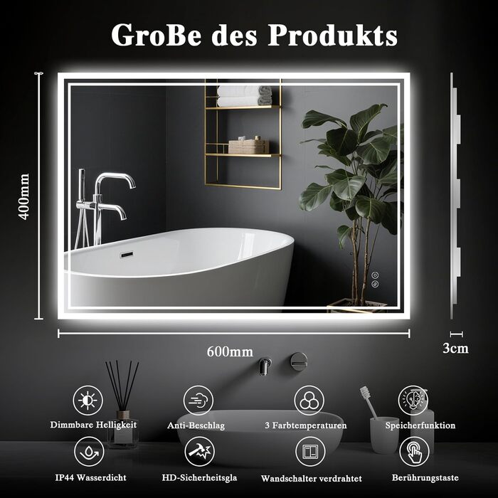 LED дзеркало для ванної кімнати з підсвічуванням 40 x 60 см – Antifog, 3 кольори, регулювання яскравості, подвійний сенсорний вимикач, пам'ять при відключенні електроенергії, монтаж на гачки, квадратна форма