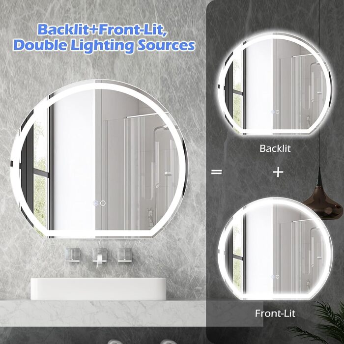 LED дзеркало для ванної кімнати FANTASK з підсвічуванням, проти запотівання, сенсорне керування, пам'ять, 60x54 см, срібло