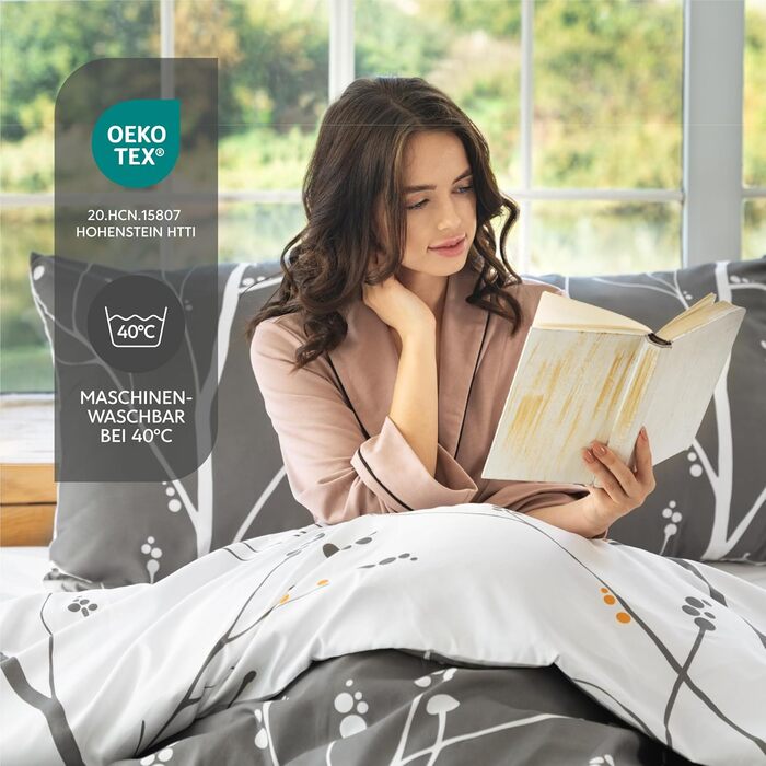 Комплект постільної білизни Dreamzie 200x200 см з 2 наволочками 80x80 см, сірий гілковий малюнок, для дорослих, 100% мікрофібра, сертифікат Oeko TEX