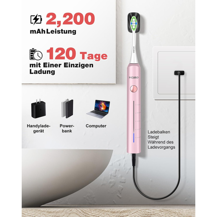 Електрична звукова зубна щітка, 5 режимів, рожева, з таймером та 6 насадками DuPont