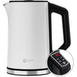 Електричний чайник BALTER з регулюванням температури, 40°C-100°C, подвійні стінки, без BPA, тихий та бездротовий, 1.5L, 2200W, білий