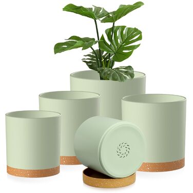 Набір горщиків для квітів 5 шт. з підставками, 17.8/15.2/14/12.7/10.2 см, пластикові, для гідропоніки, внутрішнього та балконного озеленення, зелені з коричневим піддоном