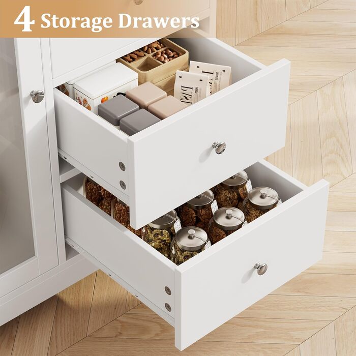 Кухонна шафа HOCSOK 163 см з робочою поверхнею, буфет, шафа для зберігання продуктів, 3 дверцята та 4 висувні ящики, висока шафа для кухні, вітальні, їдальні, бару, білий колір