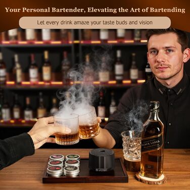 Електричний набір для копчення коктейлів з 4 режимами підсвічування, перезаряджуваний набір для диму з віскі, 6 дерев'яних стружок, без бутану, подарунок на Різдво/День народження для чоловіків, батьків, чоловіків FY01
